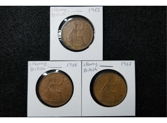 British Coin Lot - 1965, 1966 & 1967 British Pennies - Bronze - Very Fine To Extremely Fine