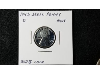 US 1943 D Steel Wheat Penny - WWII One Cent - Mint State - In Coin Collection Holder