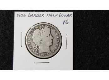 US 1906 Barber Half Dollar  - Silver 1/2 Dollar - Good