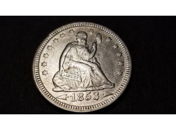US 1853 Seated Liberty Silver Quarter - Arrows & Rays - Uncirculated Condition