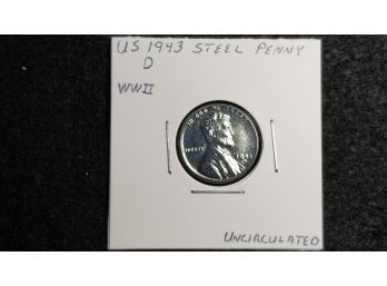 US 1943 D Steel Wheat Penny - WWII One Cent - Uncirculated - In Coin Collection Holder