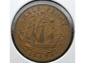 Britain Coin - 1959 British Half Penny - Bronze - Almost Uncirculated
