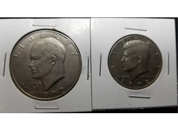 US 1972 Coin Lot - Dollar & Half Dollar - Eisenhower And Kennedy Coin
