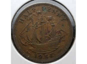 Britain Coin - 1957 British Half Penny - Bronze - Almost Uncirculated