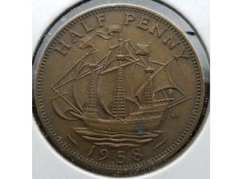 Britain Coin - 1958 British Half Penny - Bronze - Uncirculated