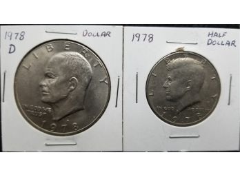 US 1978 Coin Lot - Dollar & Half Dollar - Eisenhower And Kennedy Coins