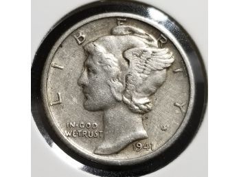 US 1941 S Silver Mercury Dime - AU Plus