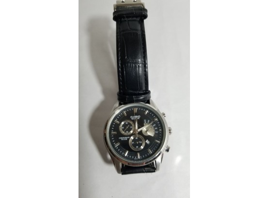 Casio Beside BEM-501 - Leather Band Chronograph Men's Watch - Black Dial