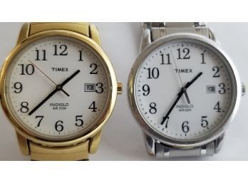 Lot Of 2 Timex Men's Watches - Silver And Gold Tone - Indiglo - Water Resistant 30m