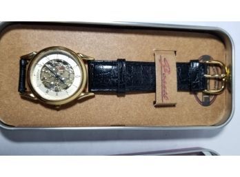Fossil Watch In Collector's Case - Skeleton Style Wristwatch With Leather Band - Vintage
