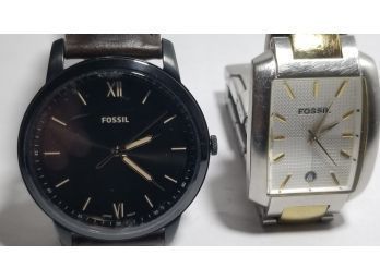Lot Of 2 Fossil Watches - Leather Band Black Dial And Stainless Steel Silver Tone Watch
