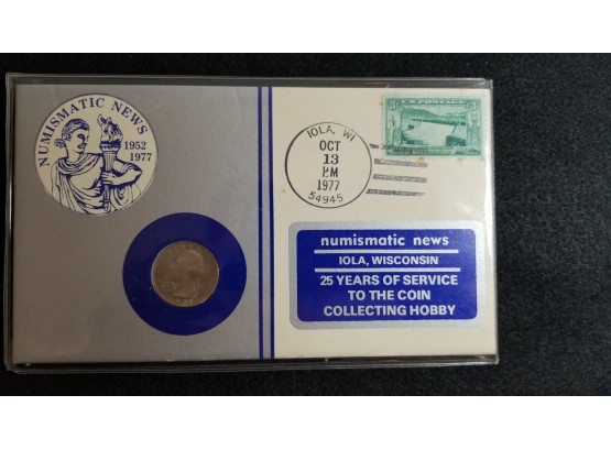 1977 Numismatic News Card With Stamp And Uncirculated Quarter