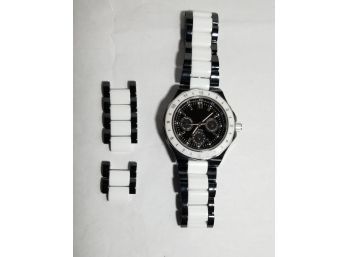 Black And White Ceramic Chronograph Watch - With Protective Plastic On Back Case And Extra Watch Links