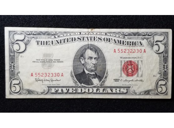Currency Note -  US 1963 $5 Red Seal -  Slight Error 1st 5 In Top Right Serial #