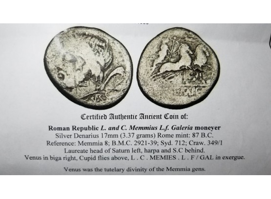 Ancient Roman Coin - Silver Denarius - C. Memmius 87 BC - Certificate Of Authenticity