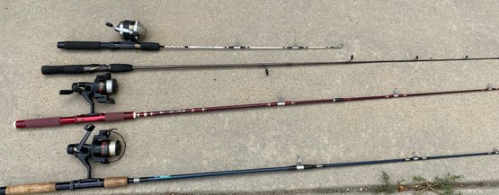 Set Of 4 Fishing Poles, Quantum XT3 Spinning Reels, Shakespeare, Berkly,  Brave Eagle, Zebco, Cirrus #2435