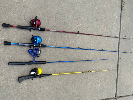 Set Of 4 Fishing Poles, South Bend 305, Sunny Day Bear, Zebco, Spinning Reel  #2437