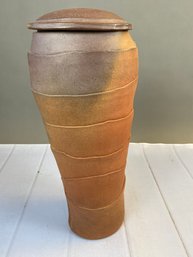 Tall Decorative Folded Pottery Covered Jar, Signed By The Artist, Virginia Cartwright
