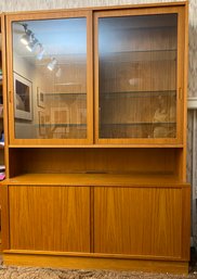 Fantastic Mid-century MCM Two-piece Danish Lighted Hutch With Glass Shelves And Sliding Cabinet Door