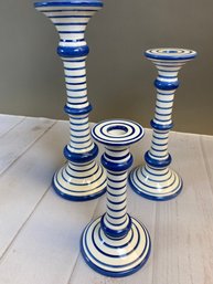 Adorable Blue And White Italian Ceramic Candlesticks Candle Holders, Greg Matthews By Oggetti