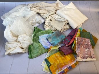 Lot Of Mostly Silk Fabric Pieces, Scraps, Some Are Hand Dyed