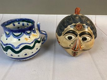 Amazing Mexican Tonala Folk Art Pottery Piggy Bank Head And Beautiful, Hand Made Ceramic Pitcher