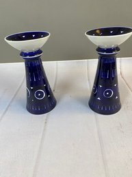 Awesome Blue And White Arabia Finland Candlesticks