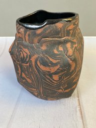Decorative Folded Pottery Vase Signed By The Artist, Virginia Cartwright, Brown And Terracotta