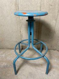 Vintage Blue Metal And Wood Stool With Swivel Top Seat