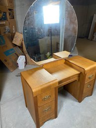 Antique Vanity Waterfall Dresser Dressing Table, Round Mirror And Drawers, Art Deco