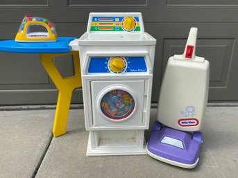 Child's Fisher Price Play Washing Machine, Ironing Board, And Iron And Little Tikes Vacuum Cleaner