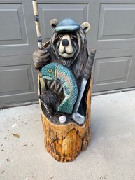 Spectacular Cabin Or Mountain Themed Carved Bear With Fish And Fishing Pole, Cabin Decor, J Dunn