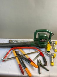 Huge Lot Of Landscape Lawn Maintenance And Care Tools, Leaf Blower, Saw, Deep Root Fertilizer Tool, Pruners
