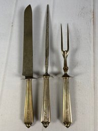 Sterling Silver Carving Knife & Fork & Sharpener, Gorham Silver, Plymouth Pattern, Monogrammed 'LS', 470 Grams