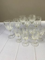 Set Of Vintage Etched Water Or Wine Glasses & Cordials Featuring Lily Of The Valley Flowers And Leaves