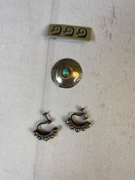 Two Sterling Silver Pins And A Pair Clip-on Earrings With Turquoise