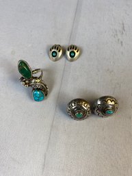 Stunning Southwestern Inspired Sterling Silver Ring And Two Pairs Of Clip-on Earrings- All With Turquoise