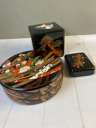Fantastic Set Of Three Asian-themed Jewelry Or Trinket Boxes, Two Are Multi-tiered