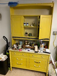 Vintage Solid Wood & Veneer Yellow Painted Cabinet And Hutch With Bamboo Motif, Contents Not Included