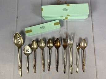 Set Of Sterling Silver Teaspoons, Salad Forks, And Serving Pieces, Heirloom Sterling Bella Rose, 340 Grams