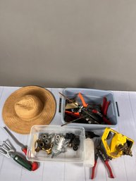 Lot Of Miscellaneous Gardening Supplies Including Nice Gardening Hat, Gardening Tools, And Sprinkler Supplies