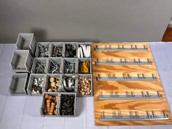 19 Plastic Stacking Hardware Trays Full Of Miscellaneous Hardware With Mounting Board