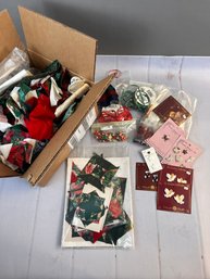 Lot Of Miscellaneous Christmas Quilting And Sewing Supplies- Including Buttons, Ribbon, And Fabric