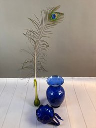 Lot Of Two Beautiful Colored Glass Vases And One Cobalt Blue Swan Bowl- Includes A Peacock Feather