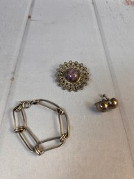 Lot Of Gorgeous Sterling Silver Jewelry- Includes A Bracelet, Clip-on Earrings, And A Pin With Amethyst Center
