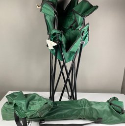 Pair Of Green Camping Chairs With Carrying Bags And Cup Holders