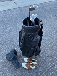 Black Slotline Golf Bag With Miscellaneous Golf Clubs And Etonic Golf Shoes (Size 10-1/2)