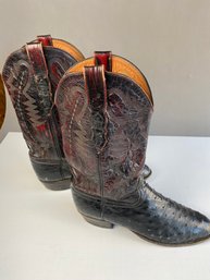 Fantastic Leather Cowboy Boots, Size 10, Black On Red
