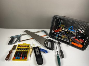 Lot Of Miscellaneous Tools Including A Gerber Knife, Saws, Plumb Bob, And Many Screwdrivers