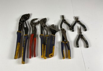 Set Of Vice Grip Brand Pliers Or Channel Locks And Adjustable Wrench And Set Of Husky Precision Pliers